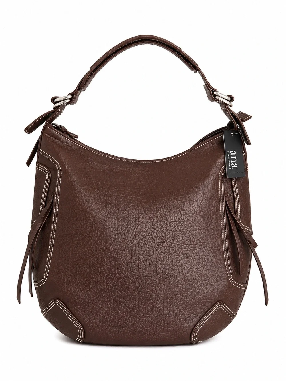 a.n.a. Brown Faux Leather Hobo Shoulder Bag Contrast Stitching Tassel NWT